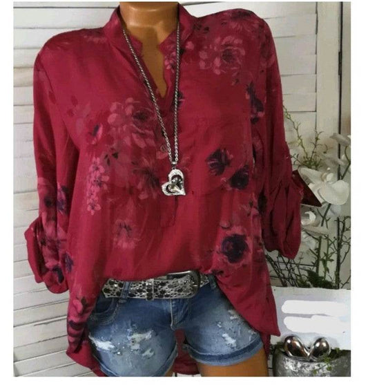 5XL Plus Size Summer Tops Women Blouses Long Sleeve Print Stand Collar Button Blouse Pullover Womens Clothing Blusa - Velora