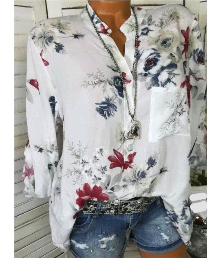 5XL Plus Size Summer Tops Women Blouses Long Sleeve Print Stand Collar Button Blouse Pullover Womens Clothing Blusa - Velora