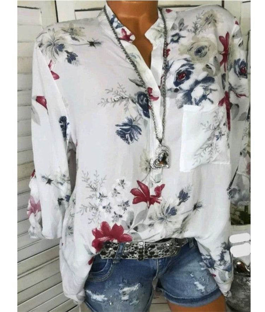 5XL Plus Size Summer Tops Women Blouses Long Sleeve Print Stand Collar Button Blouse Pullover Womens Clothing Blusa - Velora