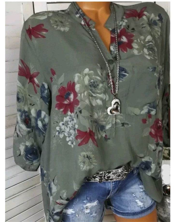 5XL Plus Size Summer Tops Women Blouses Long Sleeve Print Stand Collar Button Blouse Pullover Womens Clothing Blusa - Velora