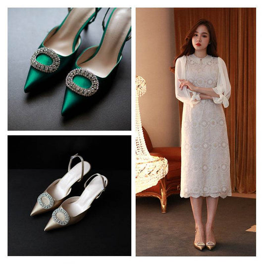 Crystal Rhinestone Baotou Women's Sandals Stiletto Pointed Fashion Ladies Style Bride High Heel Wedding Shoes - Velora