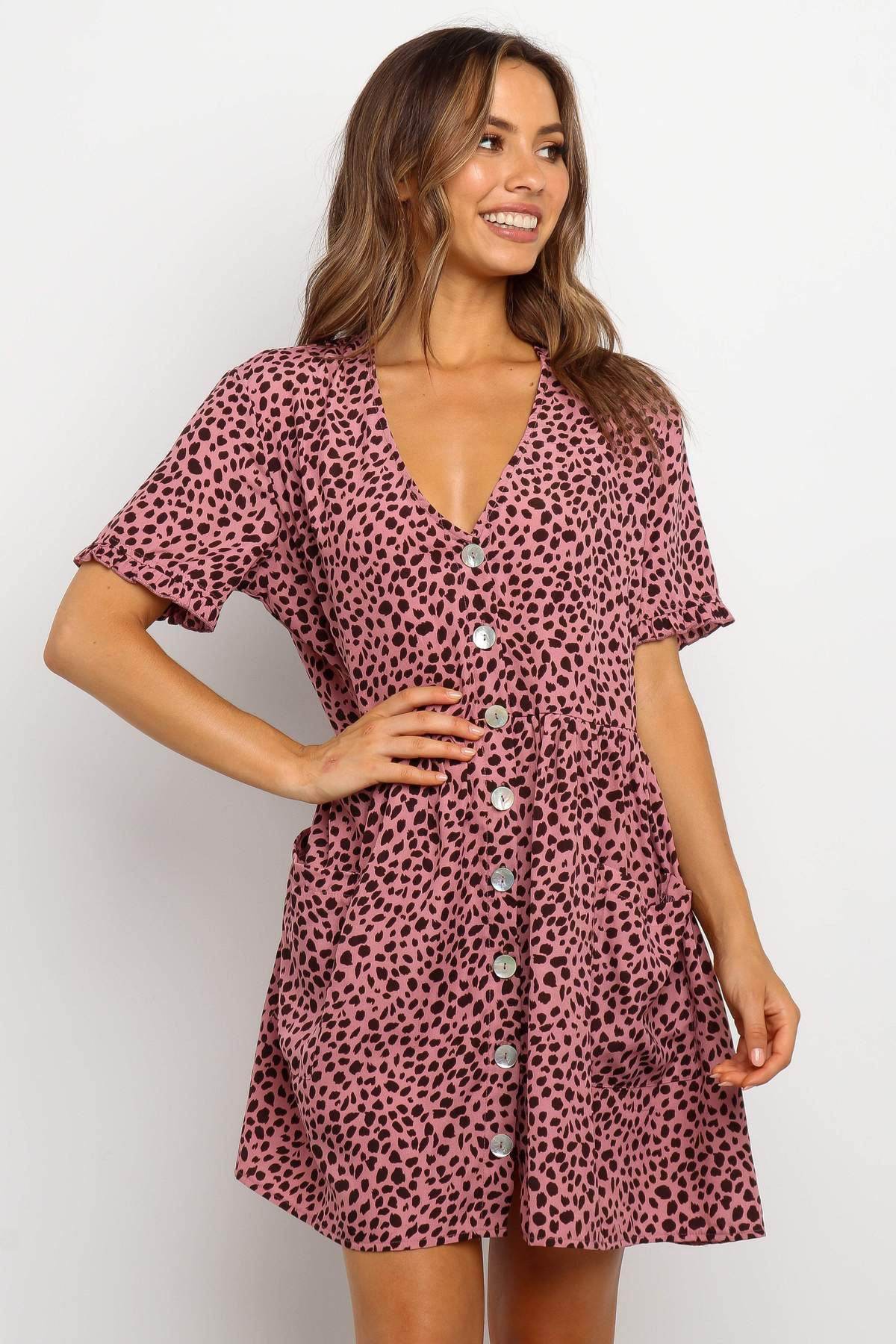 Casual Summer dresses Women Spring Mini short sleeve button down dot printed loose Dress - Velora