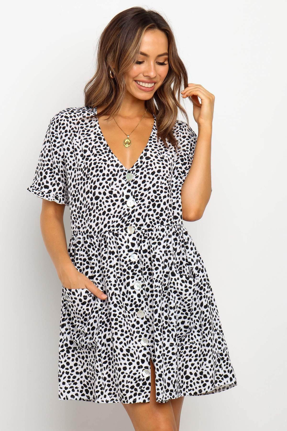 Casual Summer dresses Women Spring Mini short sleeve button down dot printed loose Dress - Velora