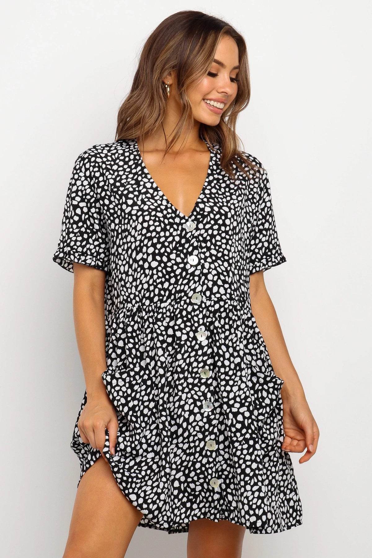 Casual Summer dresses Women Spring Mini short sleeve button down dot printed loose Dress - Velora