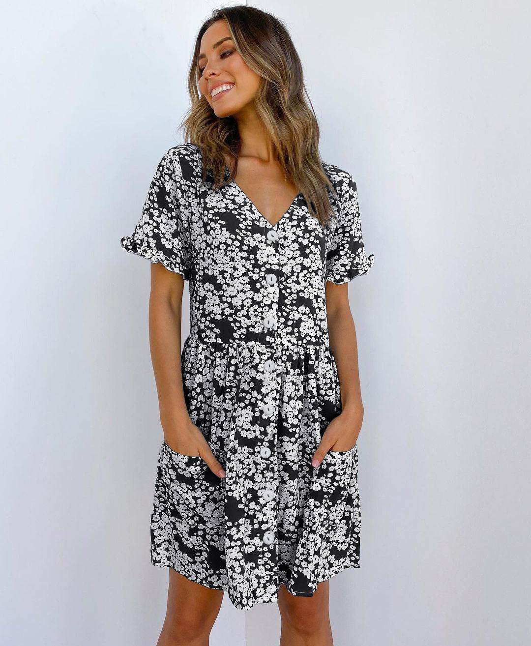 Casual Summer dresses Women Spring Mini short sleeve button down dot printed loose Dress - Velora