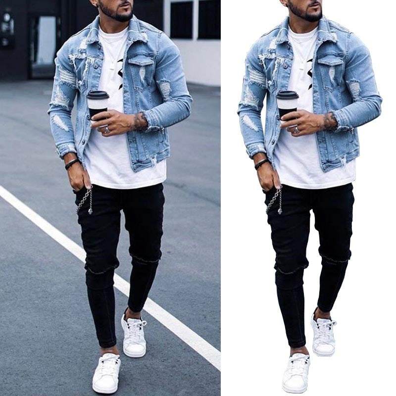 Lapel Men's Denim Jacket Ripped Irregular Washed Jacket Jeans - Velora