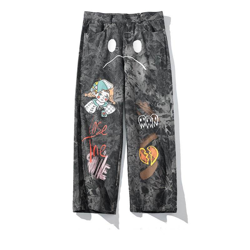 Streetwear Men Loose Denim Pants Graffiti Print Black Vintage Denim Pants Harajuku Joggers Trousers Cotton Jeans - Velora