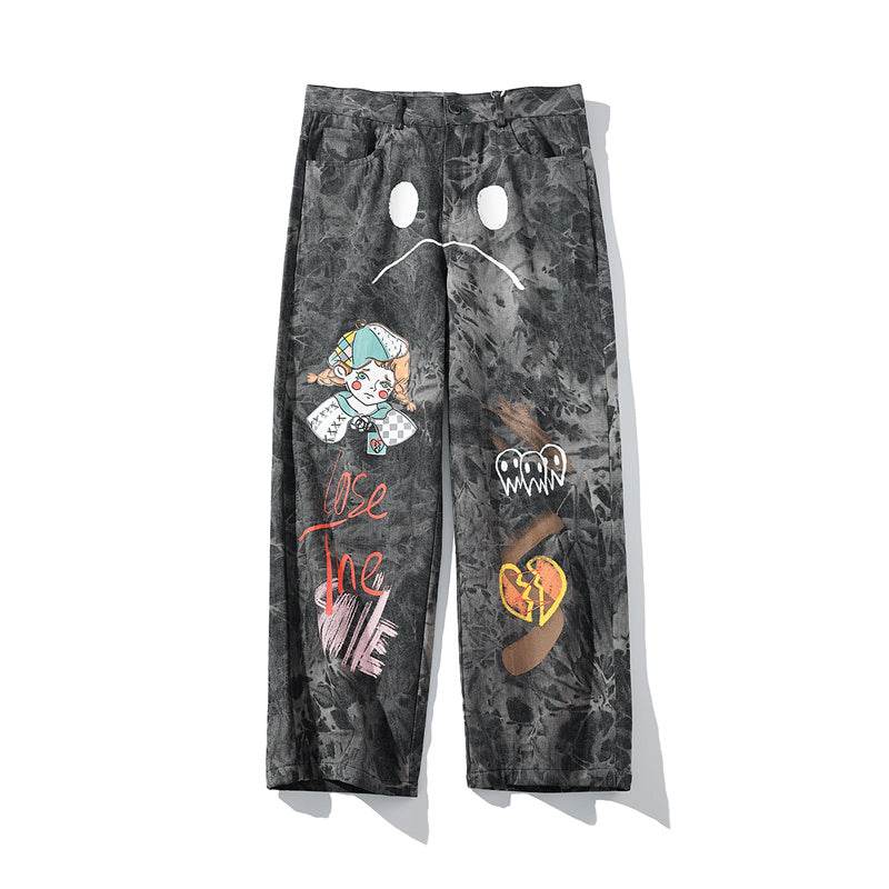 Streetwear Men Loose Denim Pants Graffiti Print Black Vintage Denim Pants Harajuku Joggers Trousers Cotton Jeans - Velora