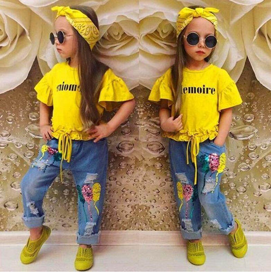 Girls Clothing Cotton Yellow Letter T-Shirt Jeans Suit - Velora