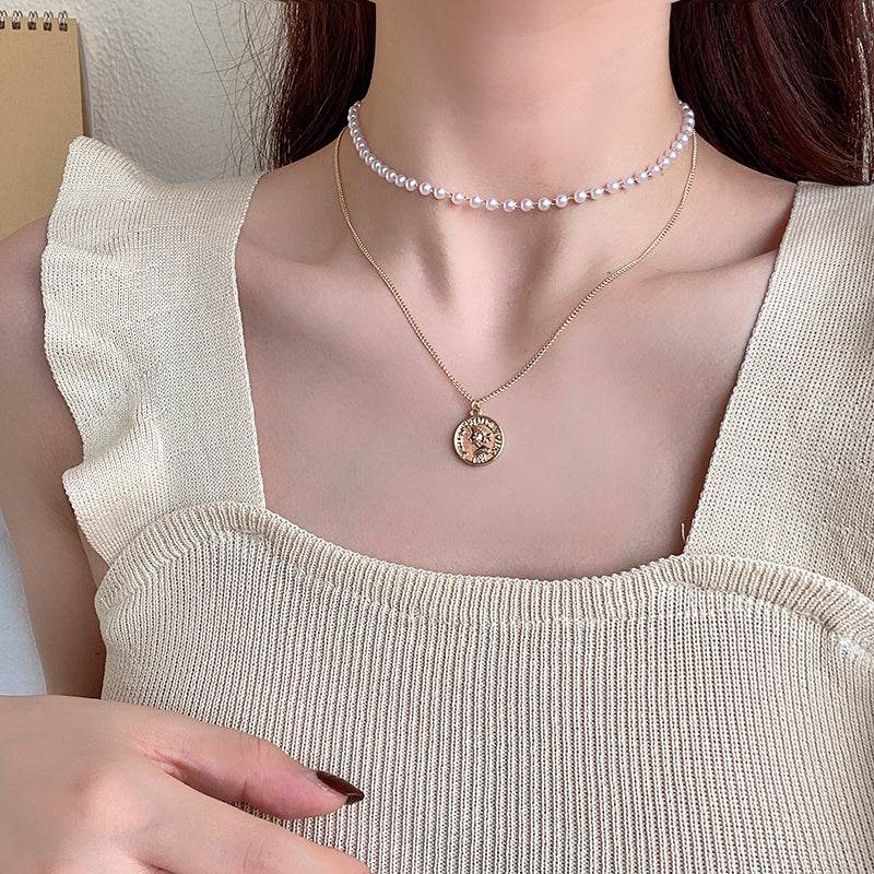 Europe And The United States Niche Design Double Necklaces Retro Pearl Clavicle Chain Net Red Fashion Fishtail Pendant Necklace Women - Velora