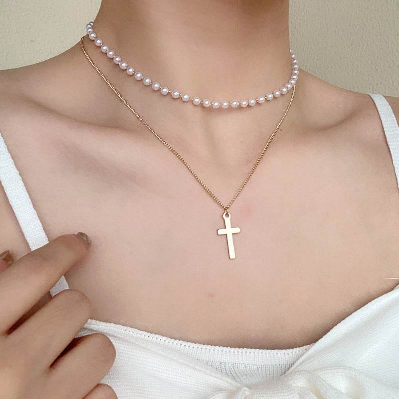 Europe And The United States Niche Design Double Necklaces Retro Pearl Clavicle Chain Net Red Fashion Fishtail Pendant Necklace Women - Velora