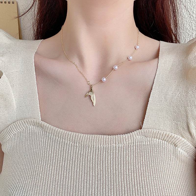 Europe And The United States Niche Design Double Necklaces Retro Pearl Clavicle Chain Net Red Fashion Fishtail Pendant Necklace Women - Velora