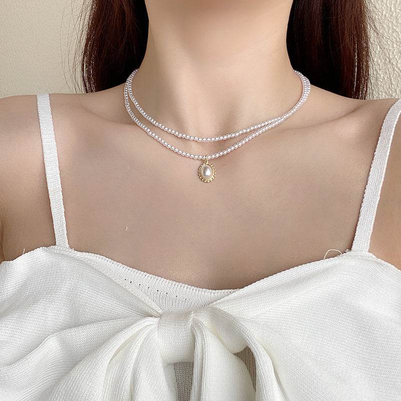 Europe And The United States Niche Design Double Necklaces Retro Pearl Clavicle Chain Net Red Fashion Fishtail Pendant Necklace Women - Velora
