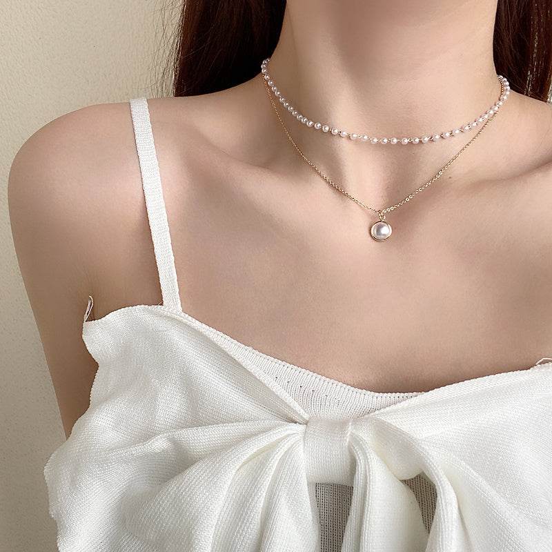 Europe And The United States Niche Design Double Necklaces Retro Pearl Clavicle Chain Net Red Fashion Fishtail Pendant Necklace Women - Velora