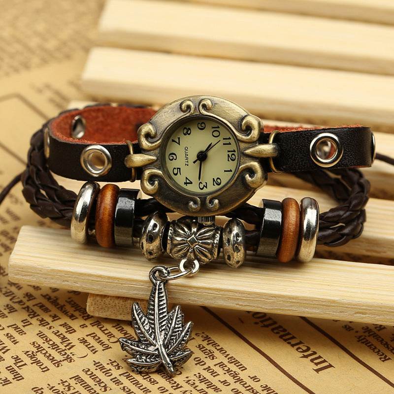 Factory Direct Genuine Leather Bracelet Watch Retro Leather Bracelet Watch Beaded Bracelet Yiwu Wholesale Jewelry - Velora