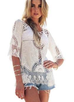 Jastie Bohemian Hollow Out Beach Cover Up Blouse Beach Shirt Women Crochet Lace Top Blusas mujer de moda Summer Tops - Velora