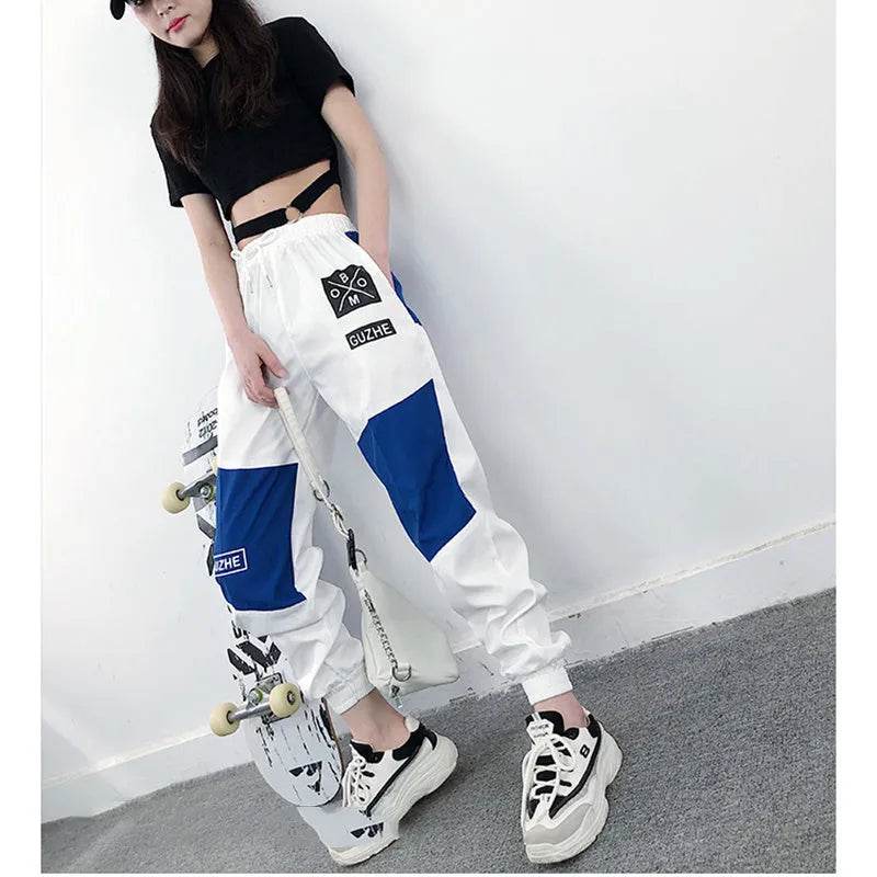 High Waist Letter Spliced Cargo Pants Women Loose Harajuku - Velora