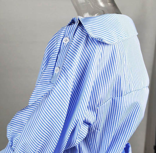 Summer Dress chic slant Shoulder stripe tie belt mini Dress - Velora