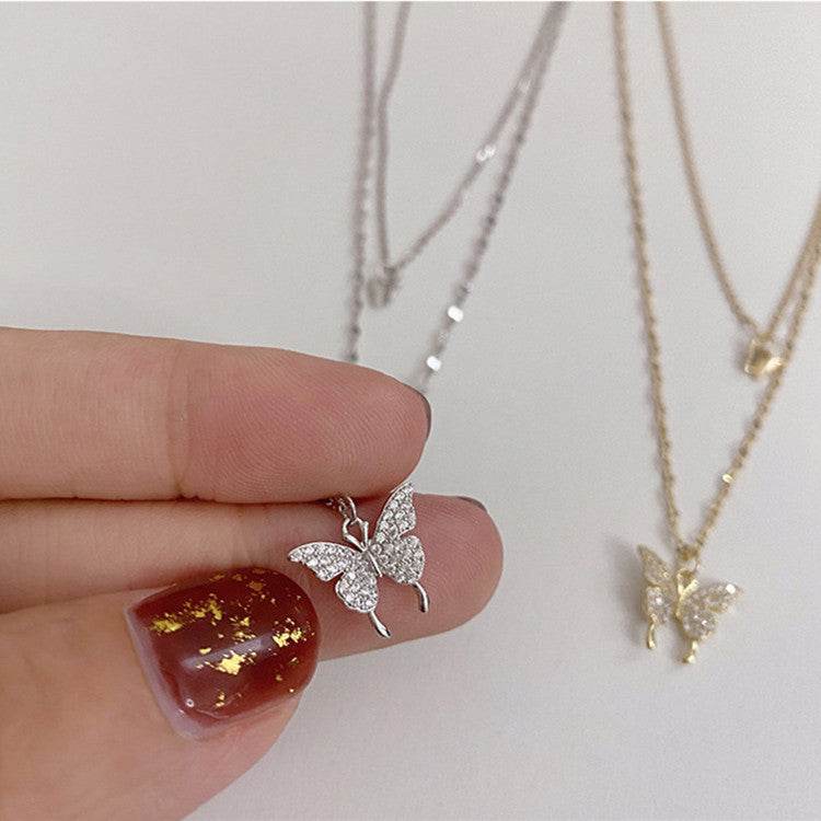 Fashion Jewelry Elegant Silver Color Shiny Butterfly Necklaces Ladies Exquisite Double Layer Clavicle Chain Necklace Jewelry Gift - Velora