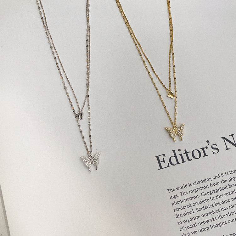 Fashion Jewelry Elegant Silver Color Shiny Butterfly Necklaces Ladies Exquisite Double Layer Clavicle Chain Necklace Jewelry Gift - Velora