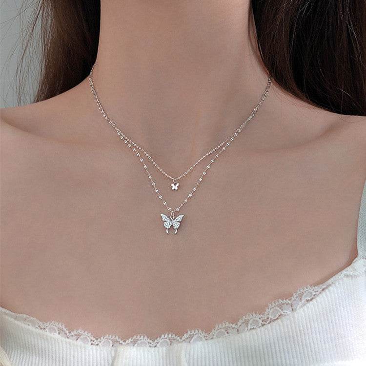 Fashion Jewelry Elegant Silver Color Shiny Butterfly Necklaces Ladies Exquisite Double Layer Clavicle Chain Necklace Jewelry Gift - Velora