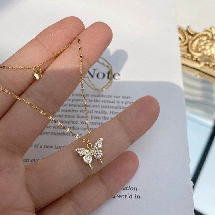 Fashion Jewelry Elegant Silver Color Shiny Butterfly Necklaces Ladies Exquisite Double Layer Clavicle Chain Necklace Jewelry Gift - Velora