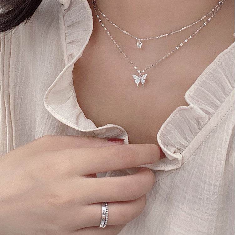 Fashion Jewelry Elegant Silver Color Shiny Butterfly Necklaces Ladies Exquisite Double Layer Clavicle Chain Necklace Jewelry Gift - Velora