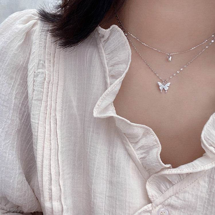 Fashion Jewelry Elegant Silver Color Shiny Butterfly Necklaces Ladies Exquisite Double Layer Clavicle Chain Necklace Jewelry Gift - Velora