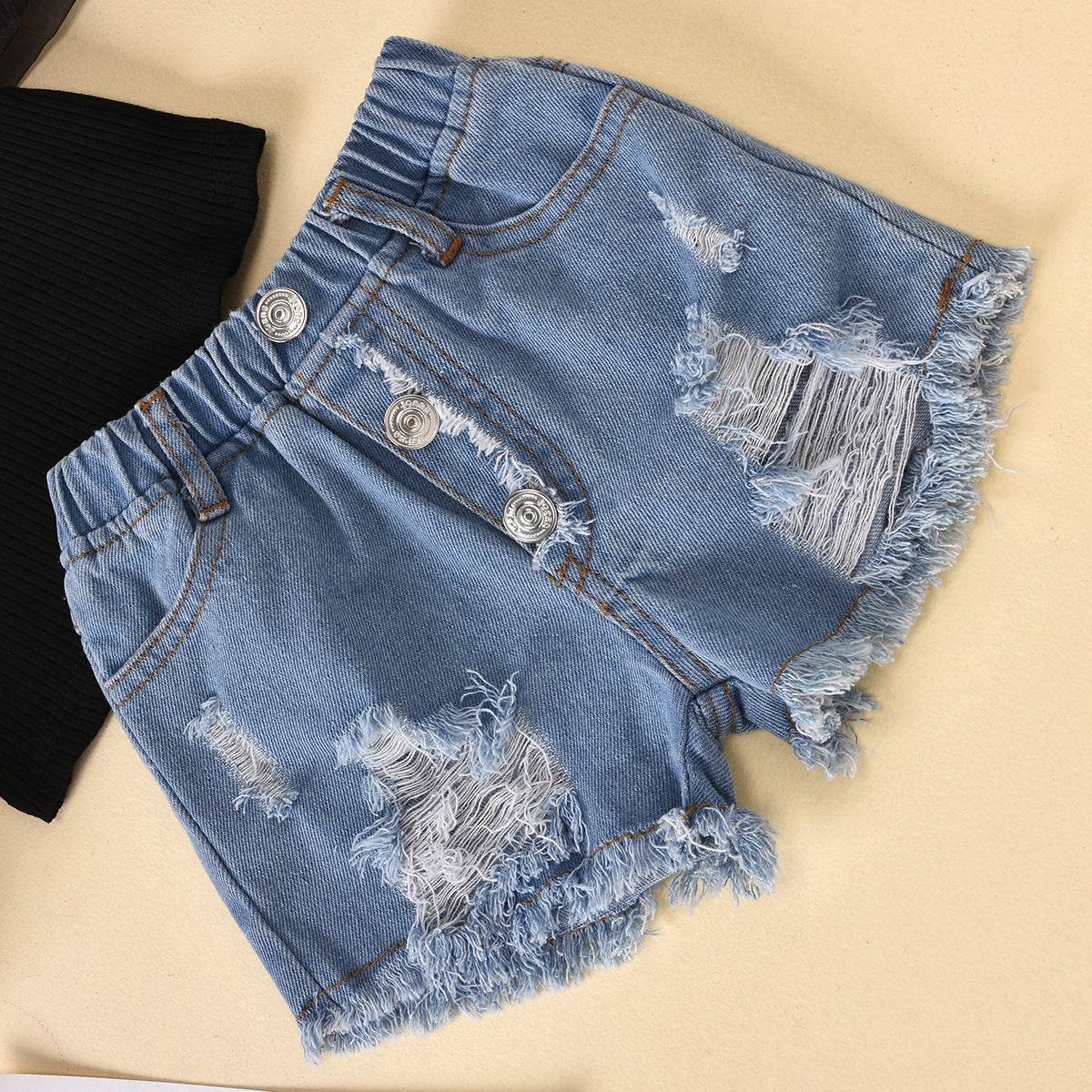 Children'S Clothing Cotton Dot Mesh Sleeves Striped Top Ripped Denim Shorts Kids Suit - Velora