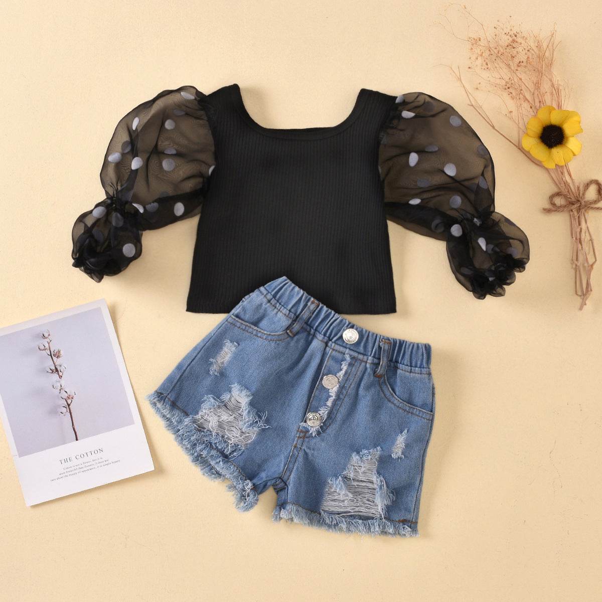 Children'S Clothing Cotton Dot Mesh Sleeves Striped Top Ripped Denim Shorts Kids Suit - Velora