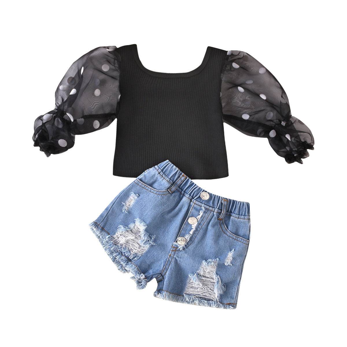 Children'S Clothing Cotton Dot Mesh Sleeves Striped Top Ripped Denim Shorts Kids Suit - Velora