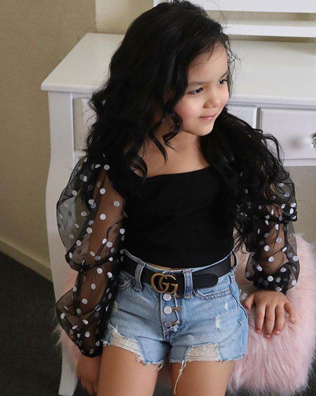 Children'S Clothing Cotton Dot Mesh Sleeves Striped Top Ripped Denim Shorts Kids Suit - Velora