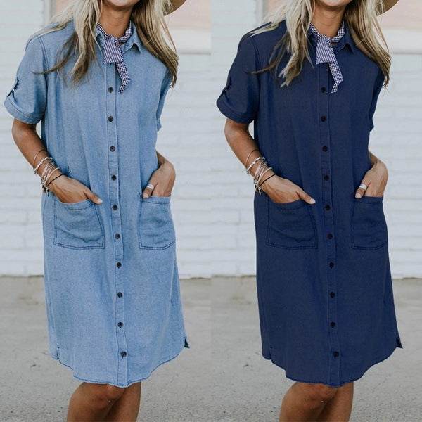 Women's Solid Color Casual Denim Short Sleeve Pocket loose Denim Dress - Velora