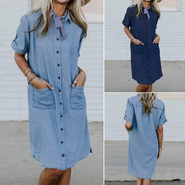 Women's Solid Color Casual Denim Short Sleeve Pocket loose Denim Dress - Velora