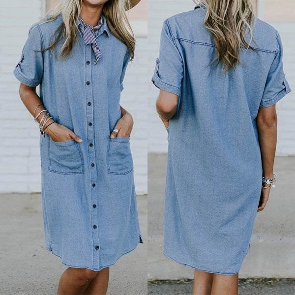 Women's Solid Color Casual Denim Short Sleeve Pocket loose Denim Dress - Velora