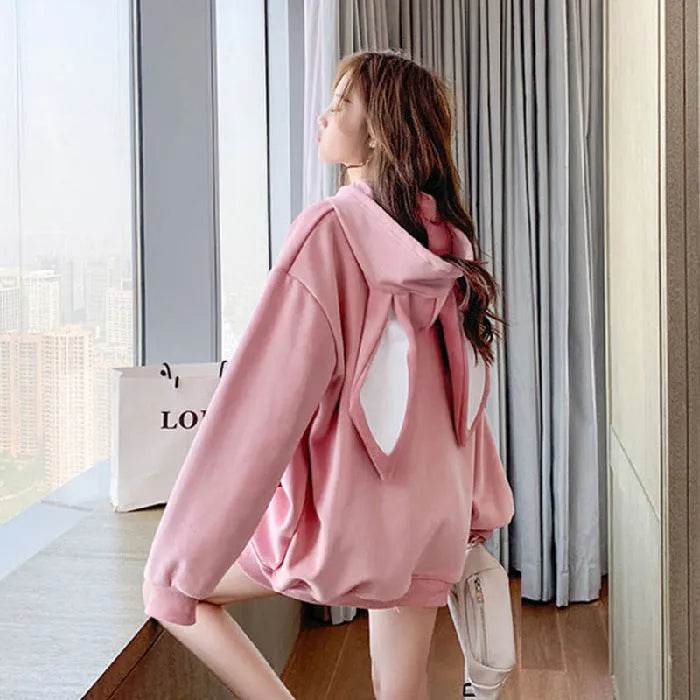 Cute Women Girls Rabbit Ears Plus Velvet Thick Hoodies Pullover Pocket Sweatshirts - Velora