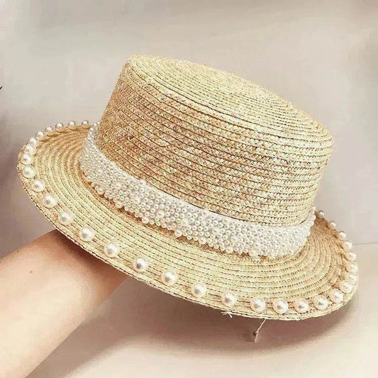 Elegant Retro Pearl Wheat Straw Flat Top Straw Hat Women's Summer Sun Protection Beach Hat Hepburn Style - Velora