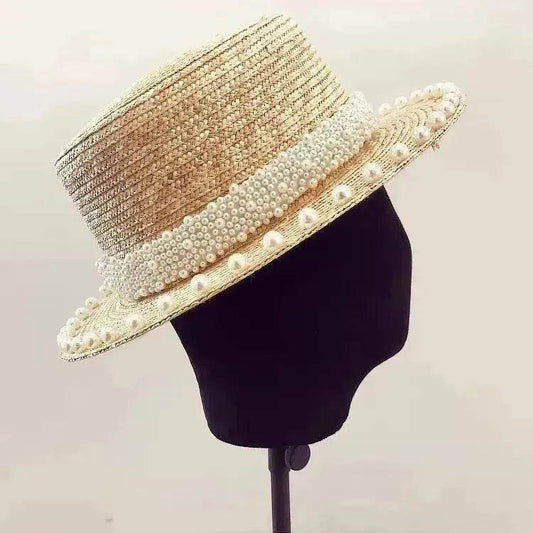 Elegant Retro Pearl Wheat Straw Flat Top Straw Hat Women's Summer Sun Protection Beach Hat Hepburn Style - Velora