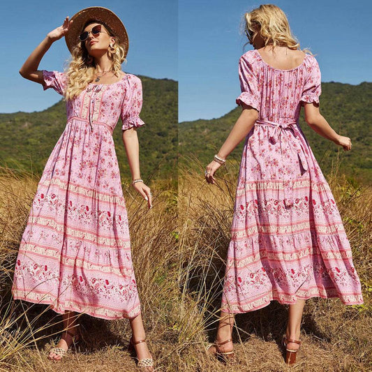 Aachoae Women Elegant A Line Long Maxi Dress With Belt Summer Floral Print Beach Dress Ruffle Short Sleeve Bow Tie Chic Dresses - Velora