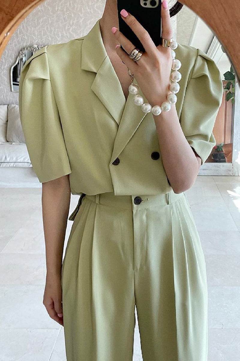 Simple Lapel Double-breasted Puff Sleeve Blazer High-waist Pleated Casual Trousers suit - Velora