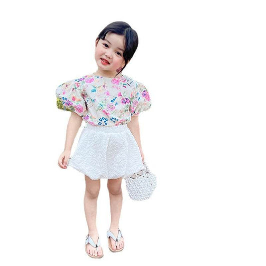Summer New Korean Children's Clothing Girls Floral Shirt Suit - Velora