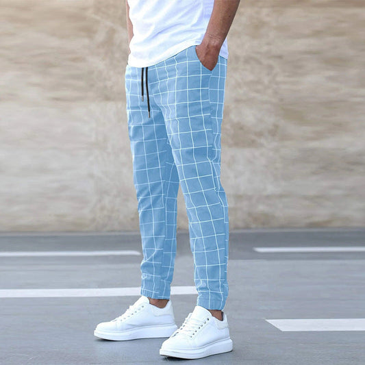 Fashion Plaid Print Pants Casual Drawstring Trousers Men's Clothing - Velora