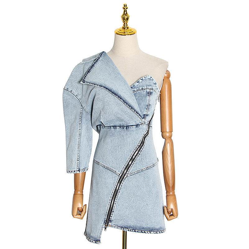 Street Fashion One shoulder Denim Mini Jeans hip dress - Velora