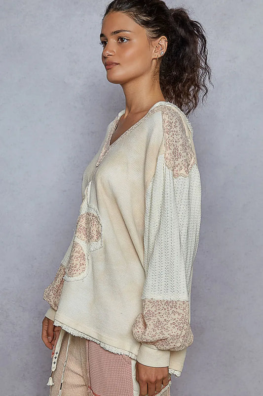 POL Raw Hem Washed Hoodie with Flower Patch - Velora