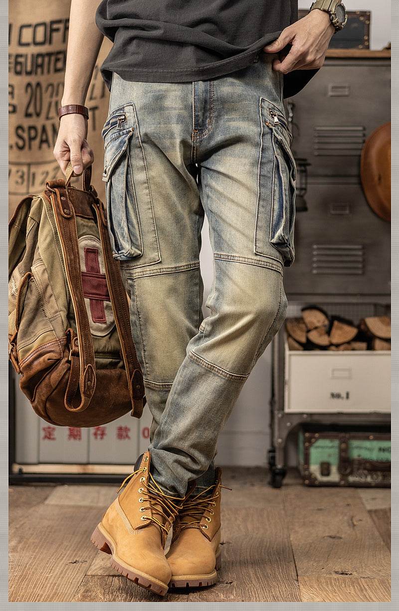 Sprin Autumn Retro Slim Fit Straight Leg Casual Distressed Denim Jeans Cargo Pant Men - Velora