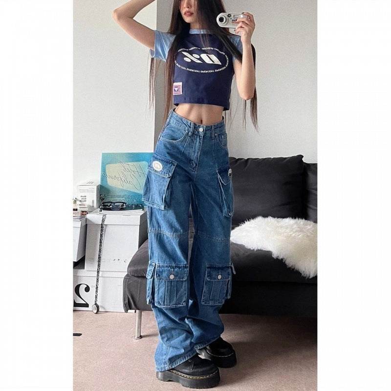 Blue Denim Pant Baggy Boyfriend Cargo Jeans for Women - Velora