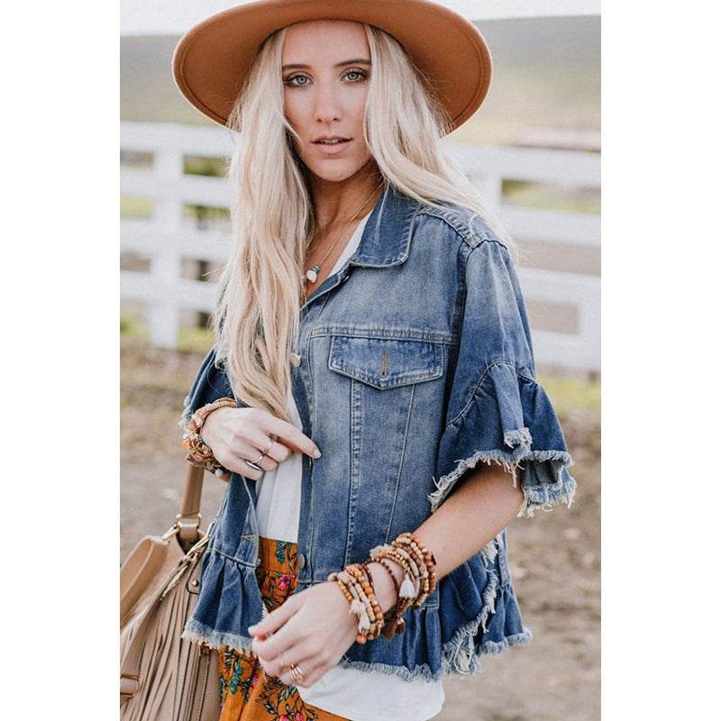 Loose Denim Jacket with Ruffled Sleeves Casual Cotton Style - Velora