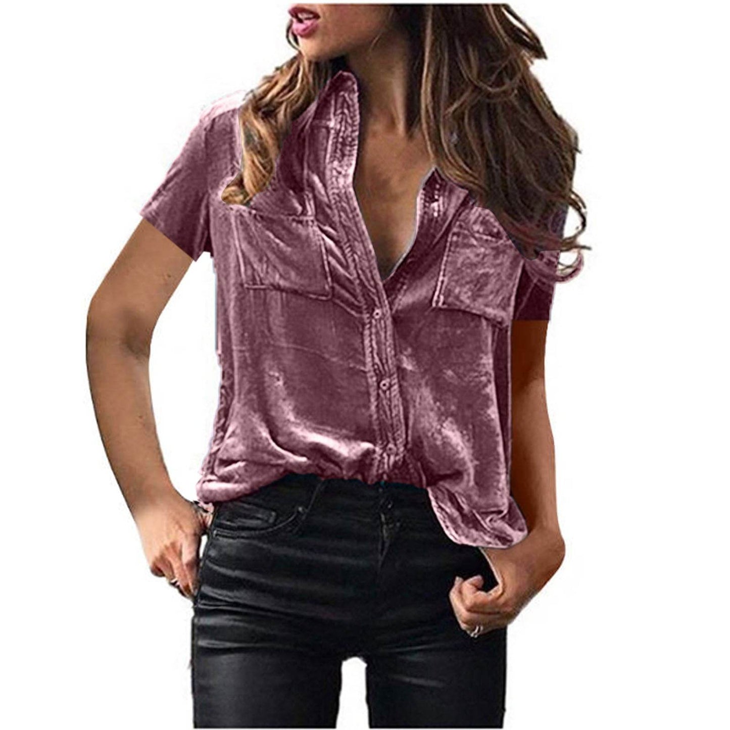 European And American Spring And Summer Pocket Short Sleeve Suede Shirt For Women - Velora