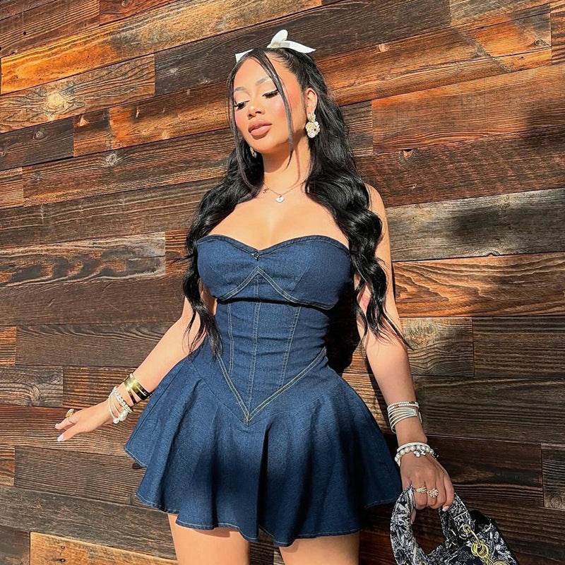 Fashion Tube Top Denim short mini Dress for Club - Velora