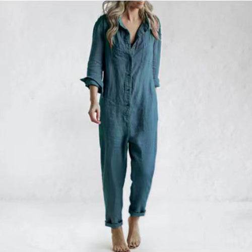 Casual Long Sleeve Jumpsuit With Pockets Fashion Loose Lapel Button Romper Pants Womens Clothing - Velora